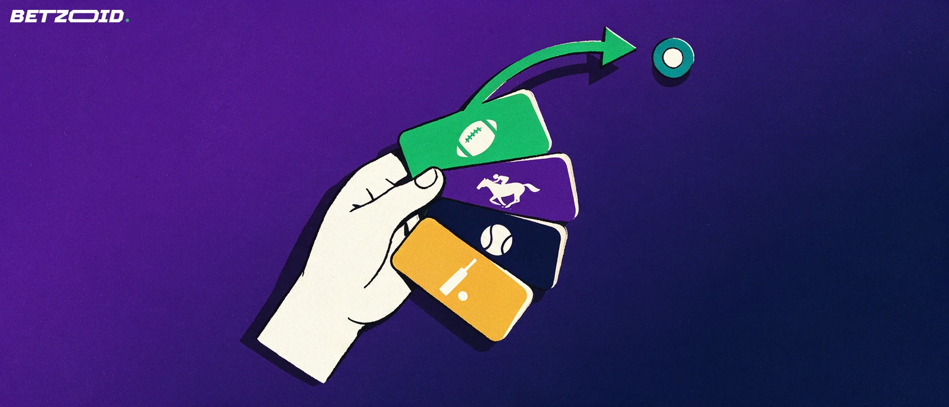 Illustration of a hand holding a fan of cards showing football, horse racing, tennis and cricket symbols with a green arrow.