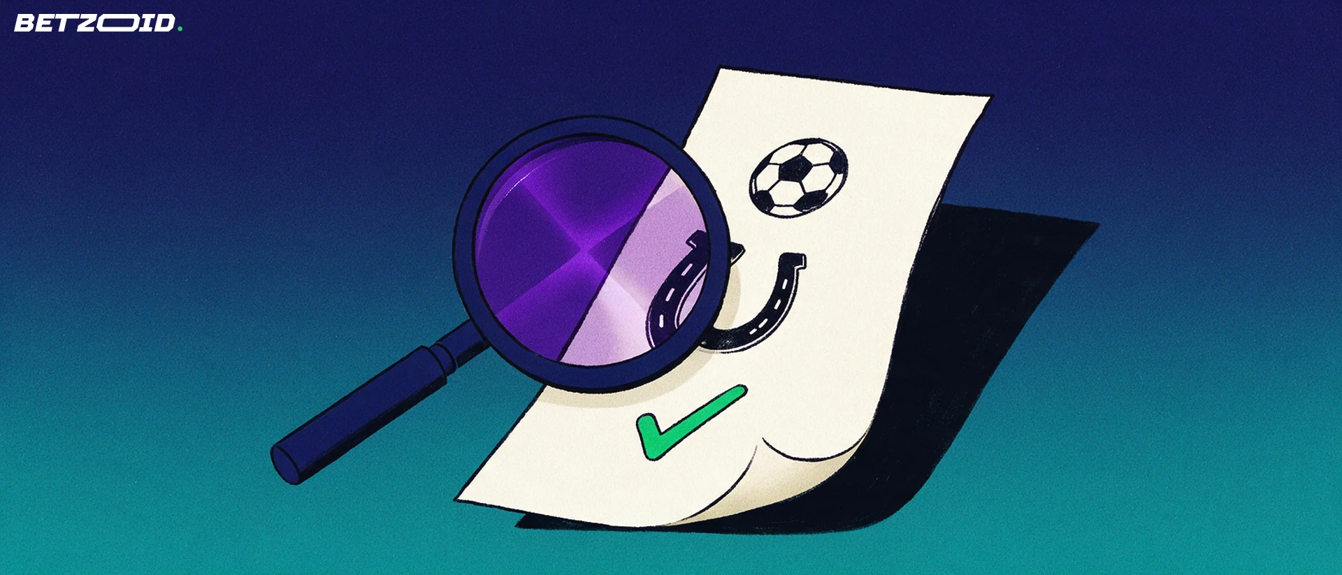 Illustration of a large magnifying glass examining a paper betting slip marked with football and horseshoe symbols.