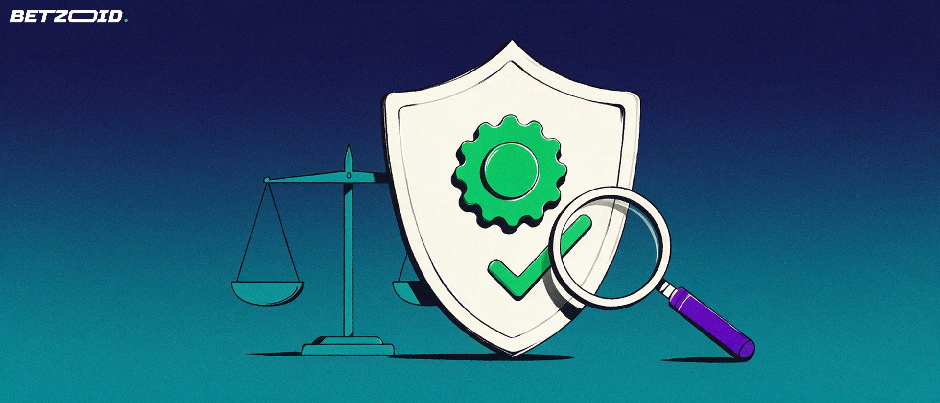 Illustration of a shield-shaped licence plaque with a seal and checkmark beside balance scales and a magnifying glass.