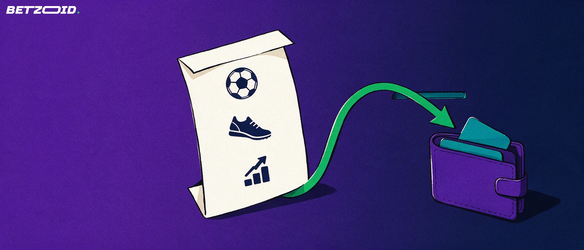 Illustration of a folded betting slip with sport symbols and a green arrow curving into an open wallet holding a payment card.