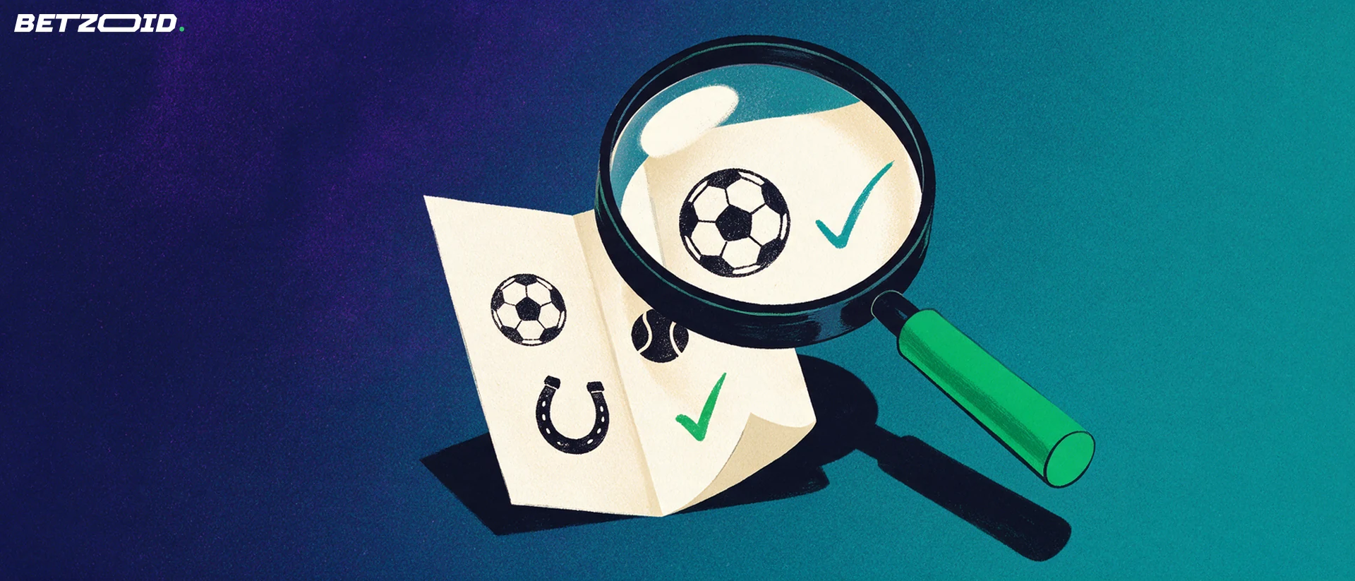Illustration of a large magnifying glass examining a paper betting slip printed with football, horseshoe and tennis ball symbols.