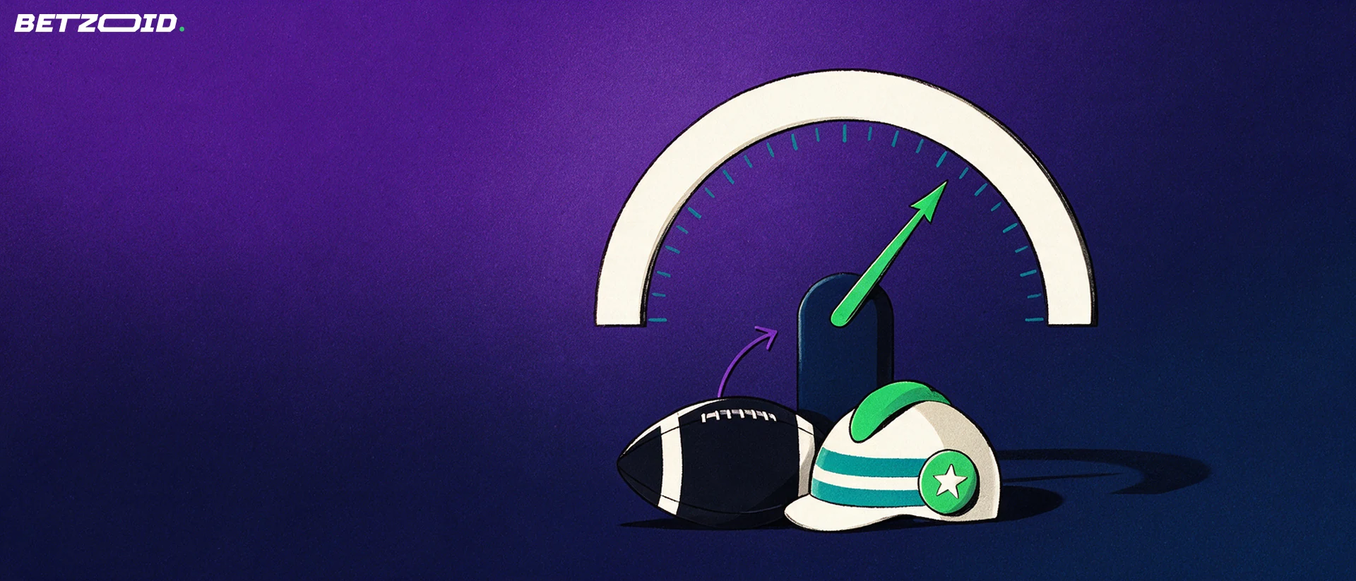 Illustration of a semicircular gauge with a green needle pointing upward, beside a football and a jockey helmet.
