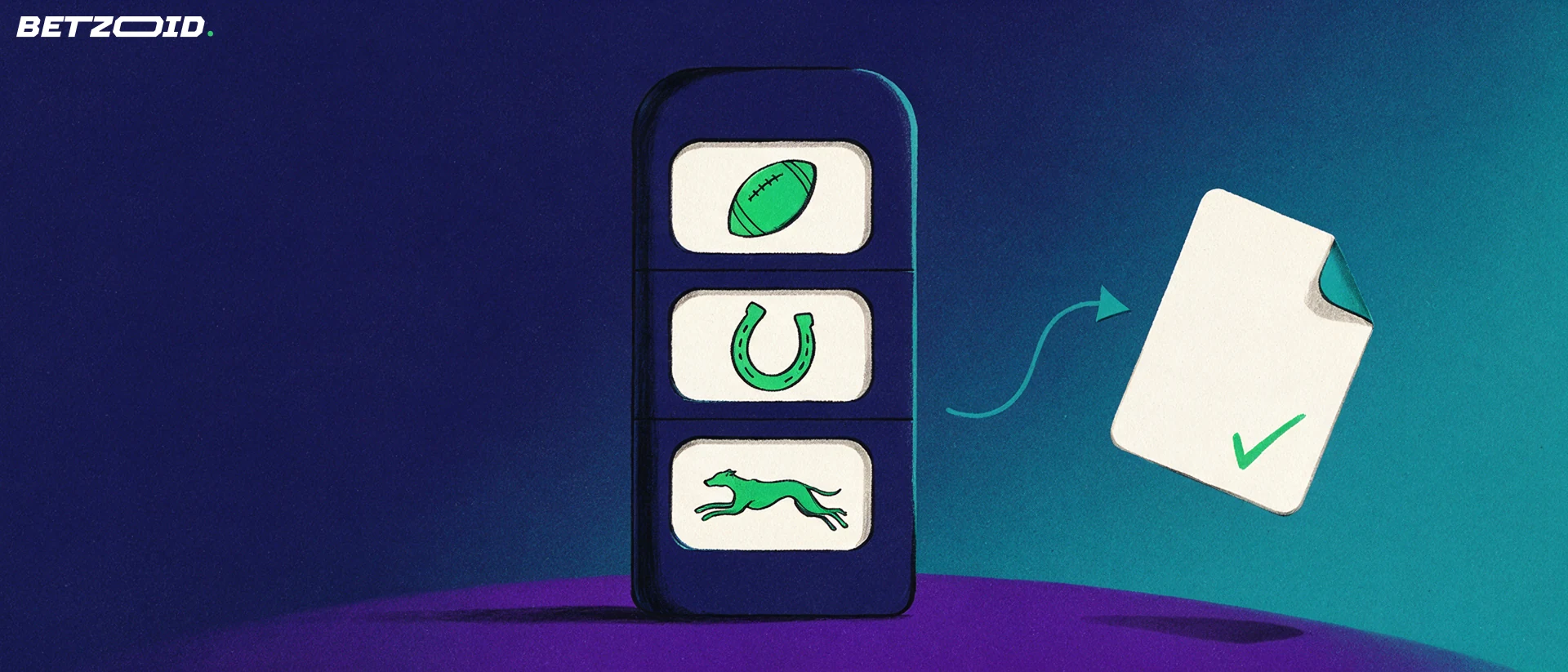 Illustration of a bookmaker odds board with football, horseshoe and greyhound symbols beside a betting slip connected by an arrow
