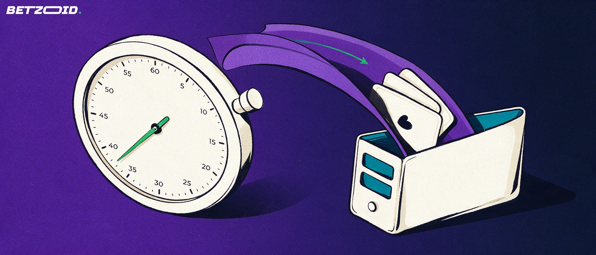 Illustration of a stopwatch with payout cards sliding down a chute into an open wallet, symbolising fast withdrawal times