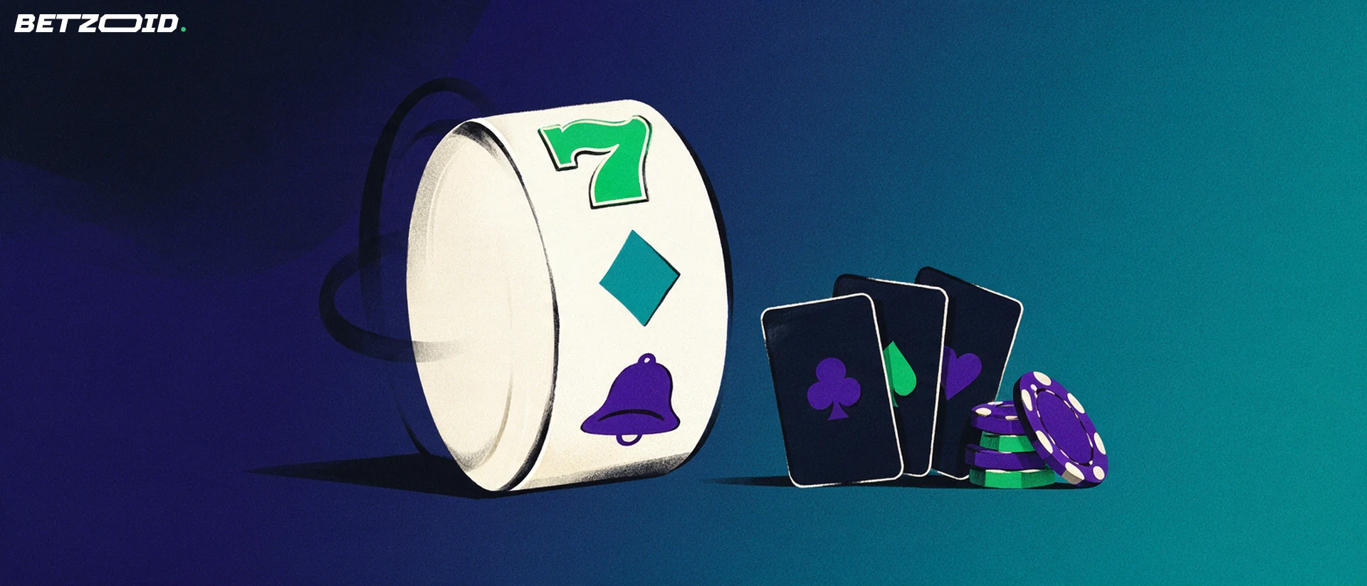 Illustration of a spinning slot machine reel with seven, diamond and bell symbols next to a fan of playing cards and a small stack of casino chips.