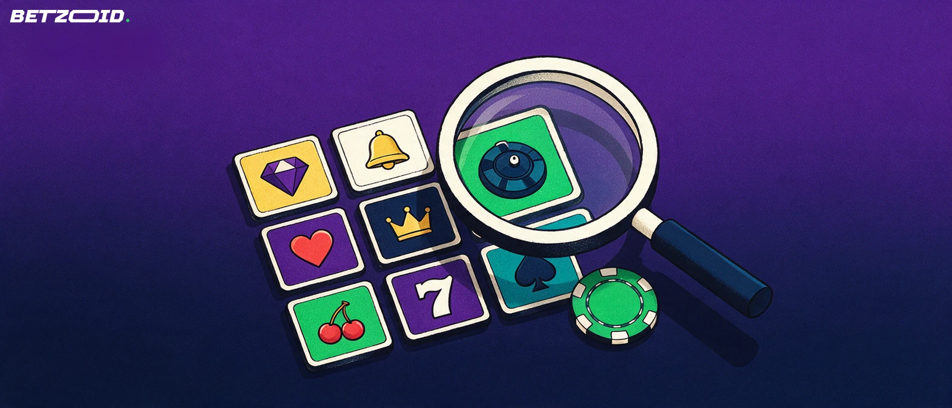 Illustration of a large magnifying glass examining a grid of simple casino game symbols, with two tiles magnified inside the lens and one chip beside the grid.