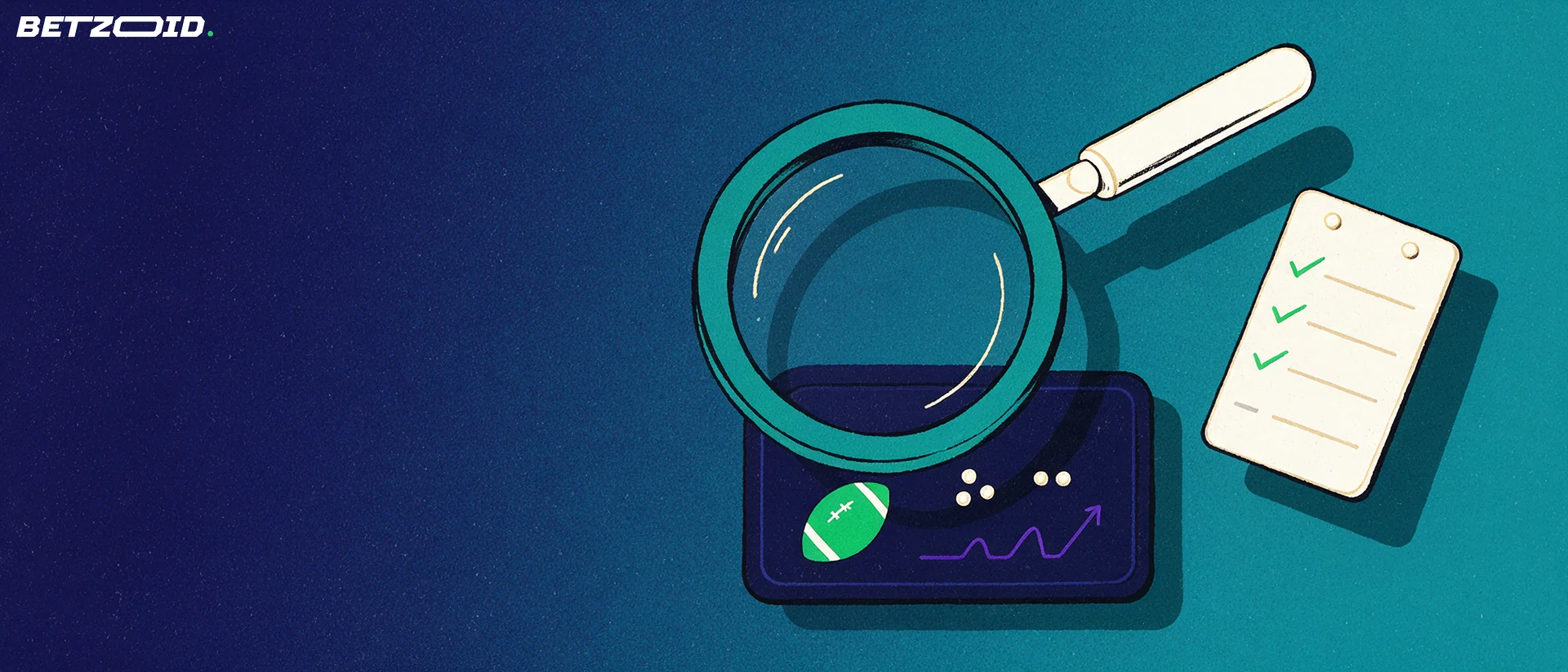Illustration of a large magnifying glass examining a live-score tile with a football symbol beside a slip marked with tick marks.