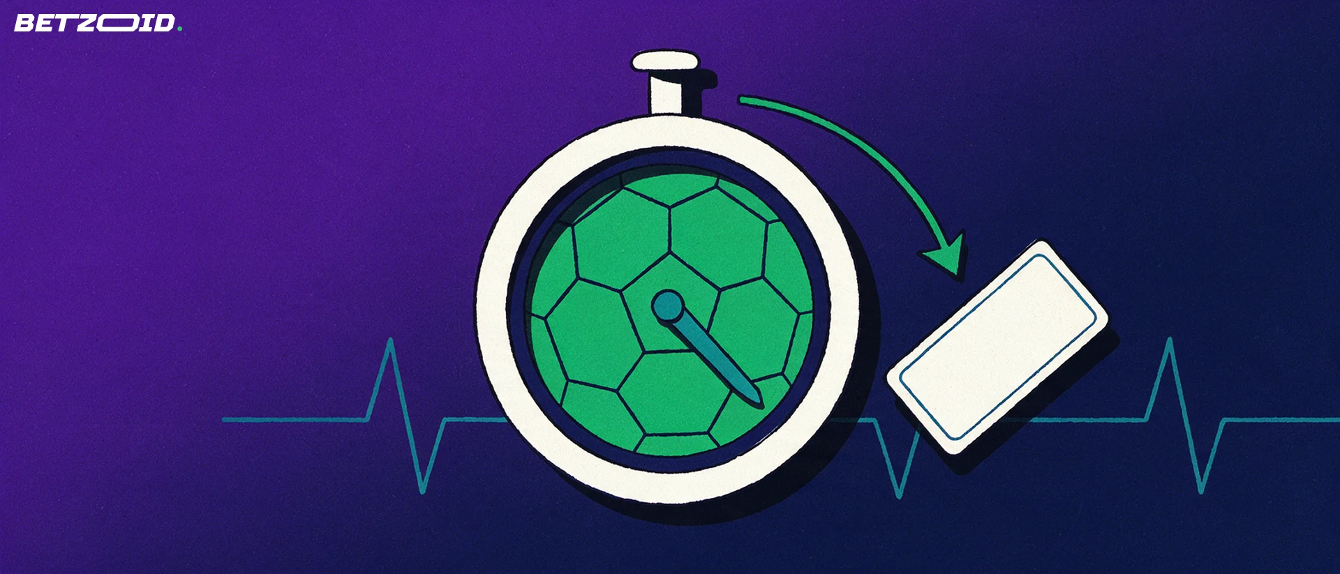 Illustration of a stopwatch with a football-patterned face and an arrow pointing to a small wager ticket, suggesting live in-play betting.