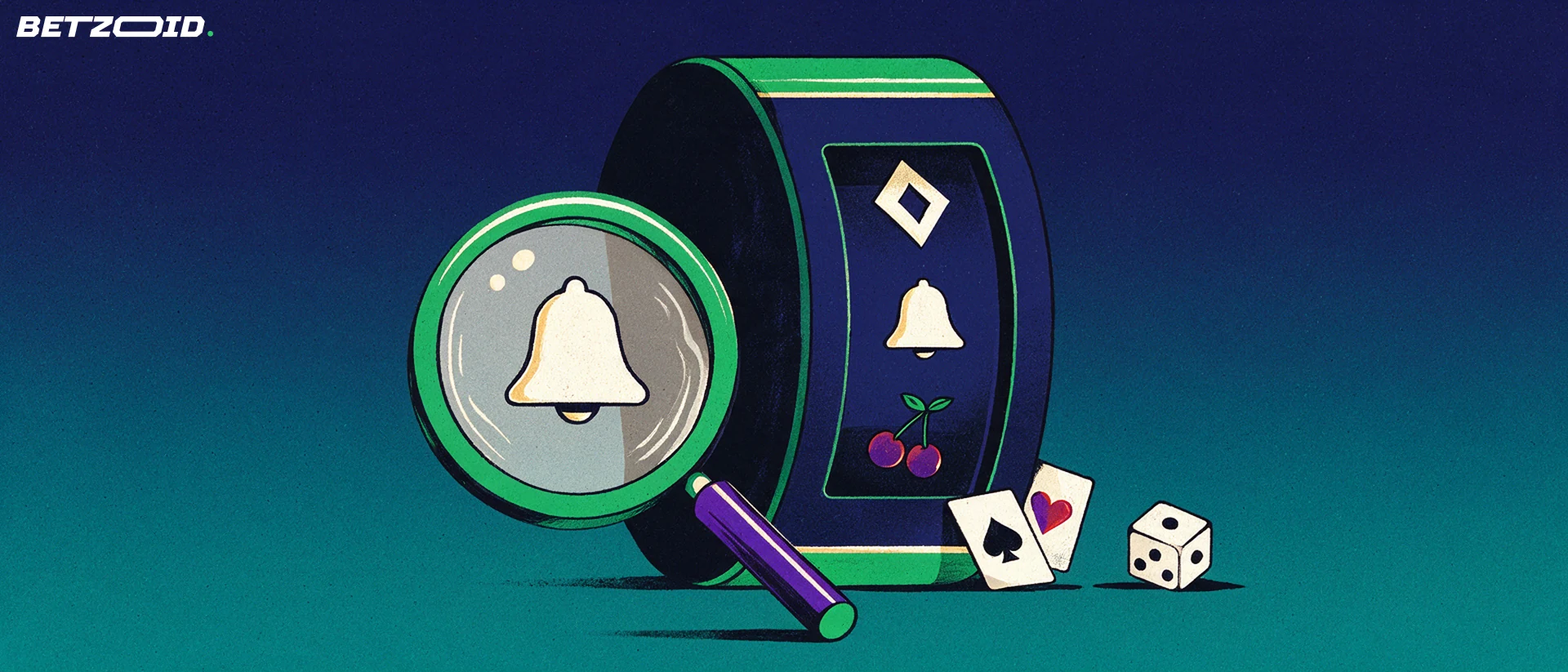 Illustration of a slot machine reel drum with diamond, bell and cherry symbols examined through a large magnifying glass, with playing cards and a die beside it.