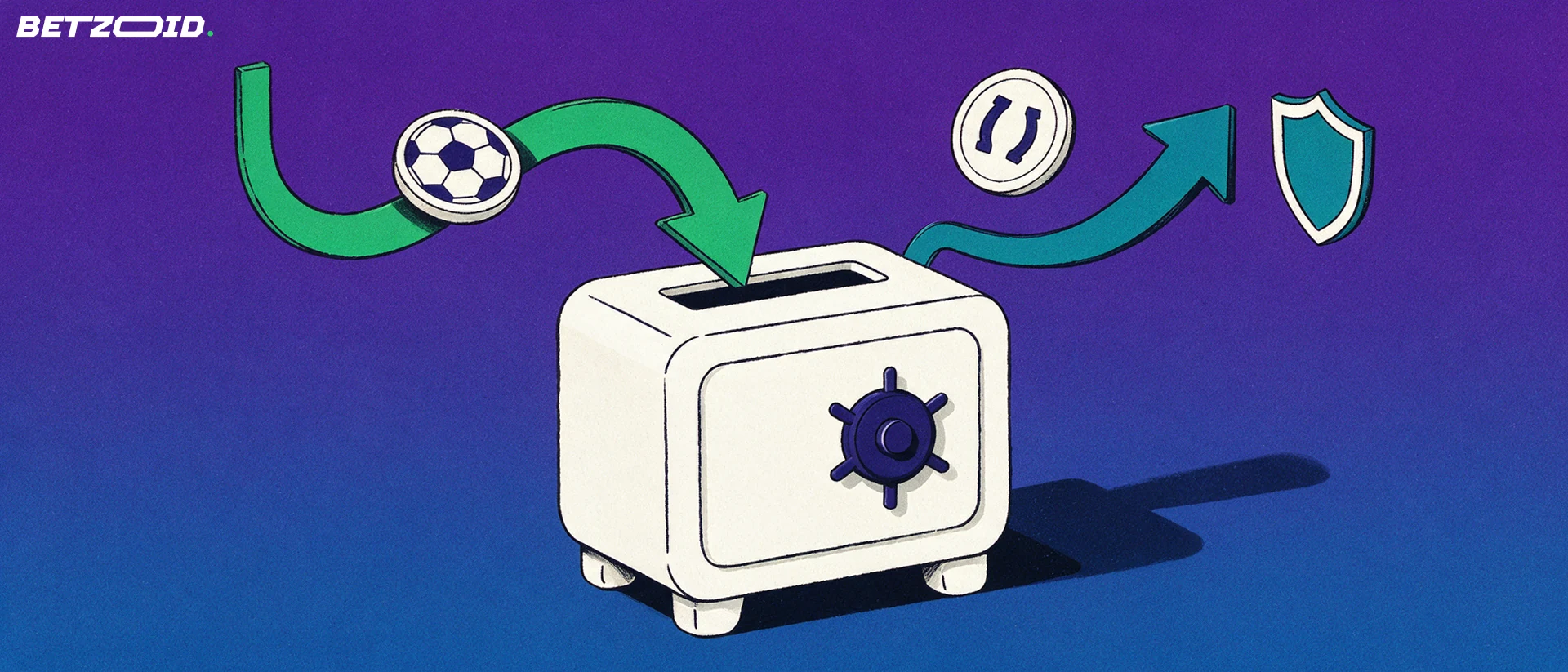 Illustration of a safe with arrows moving football and horseshoe tokens in and out beside a small shield.