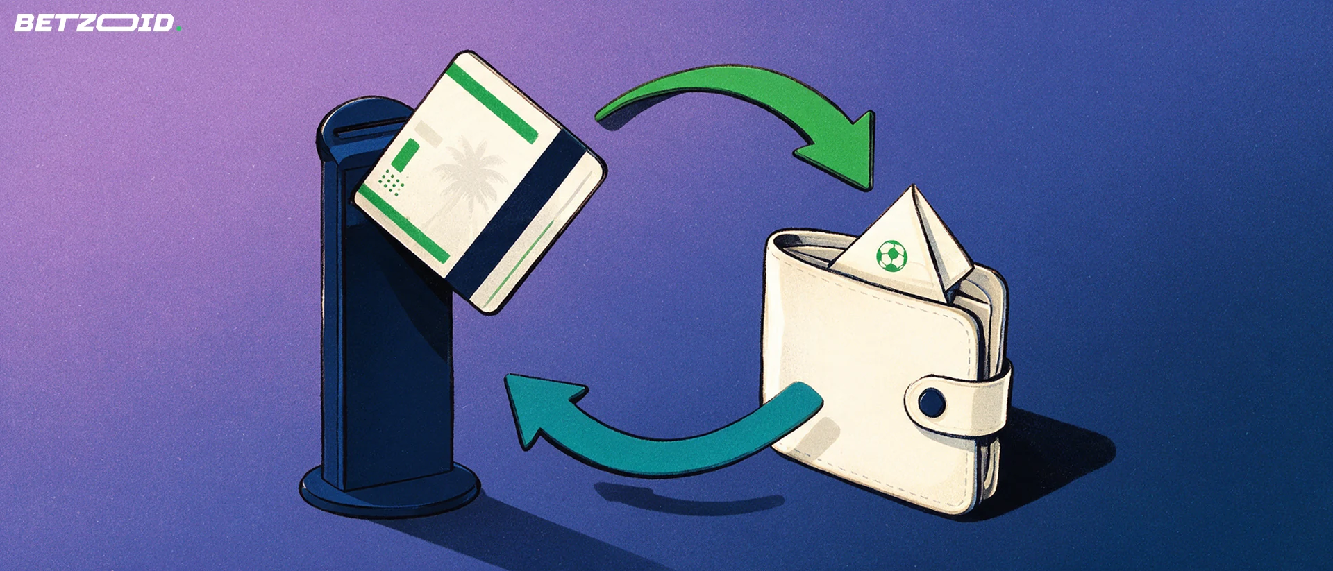 Illustration of a plain bank card entering a slot and green arrows looping to an open wallet holding a betting slip with a football symbol.