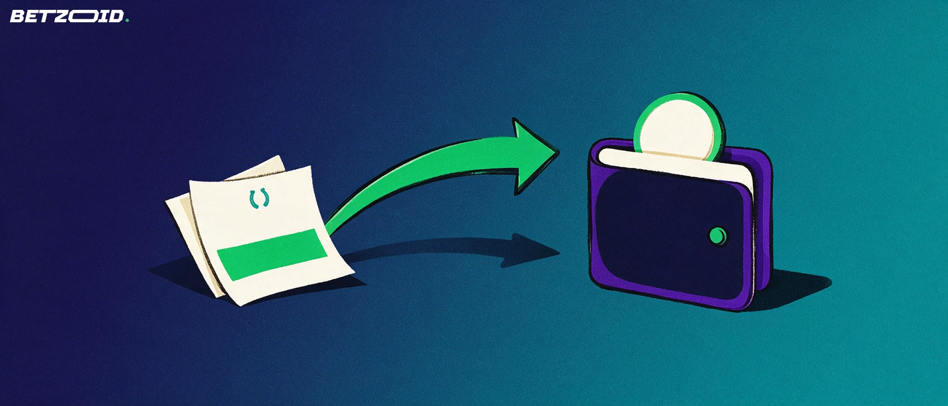 Illustration of a curved arrow carrying a single coin from a stack of betting slips into an open wallet.