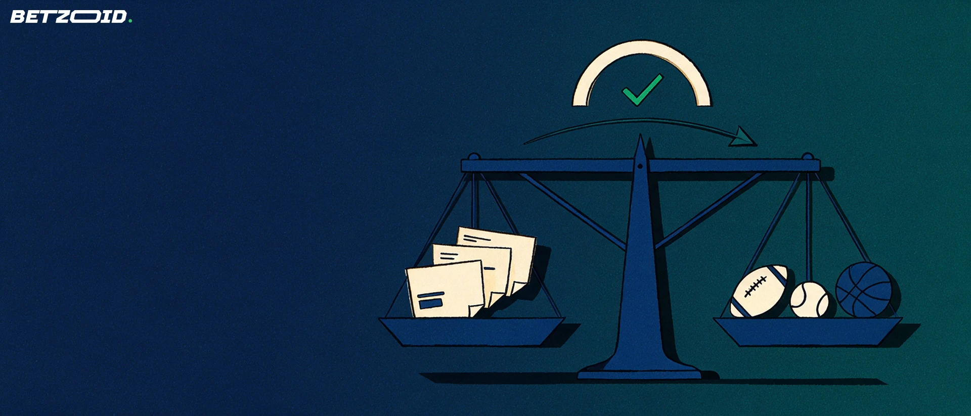 Illustration of a balance scale weighing folded betting slips against plain football, tennis and basketball silhouettes, with a green checkmark above the beam.