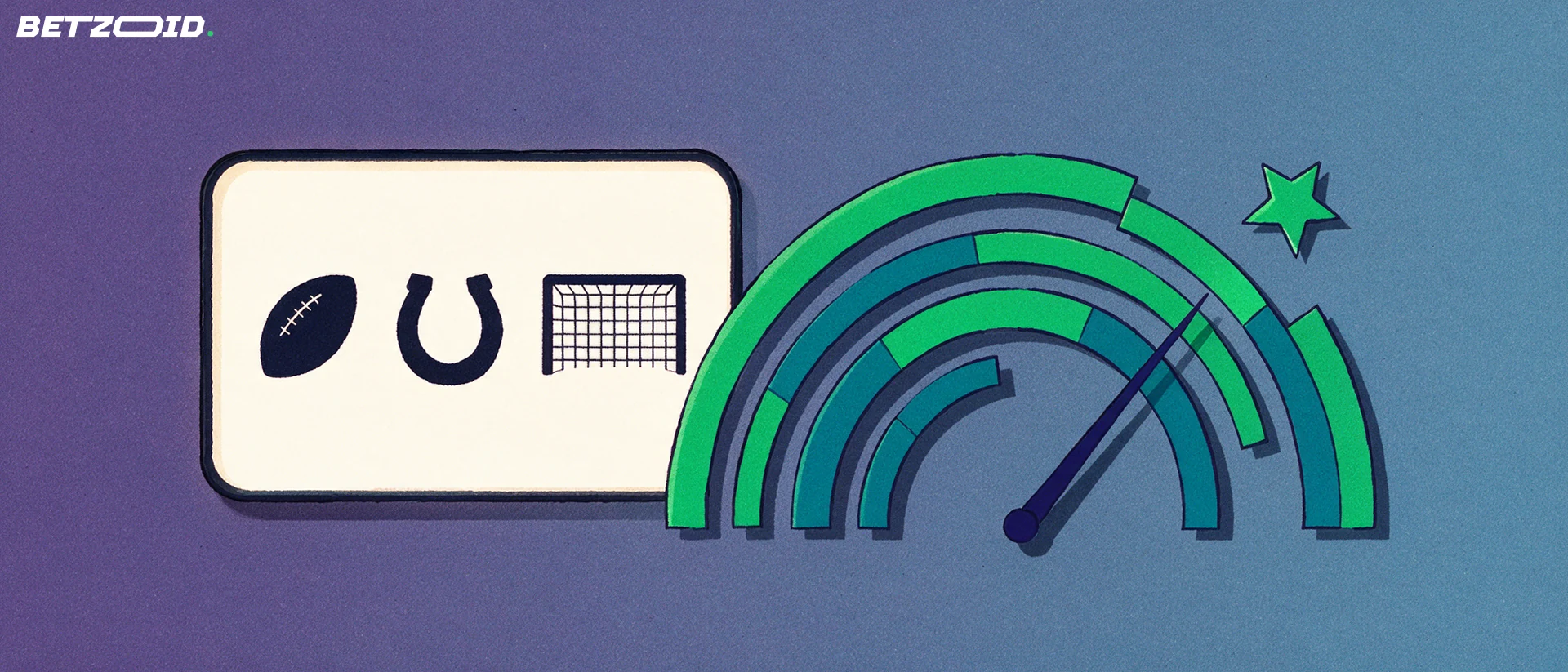 Illustration of a handheld device showing simple sport symbols beside a semicircular rating gauge with a needle and a small star.