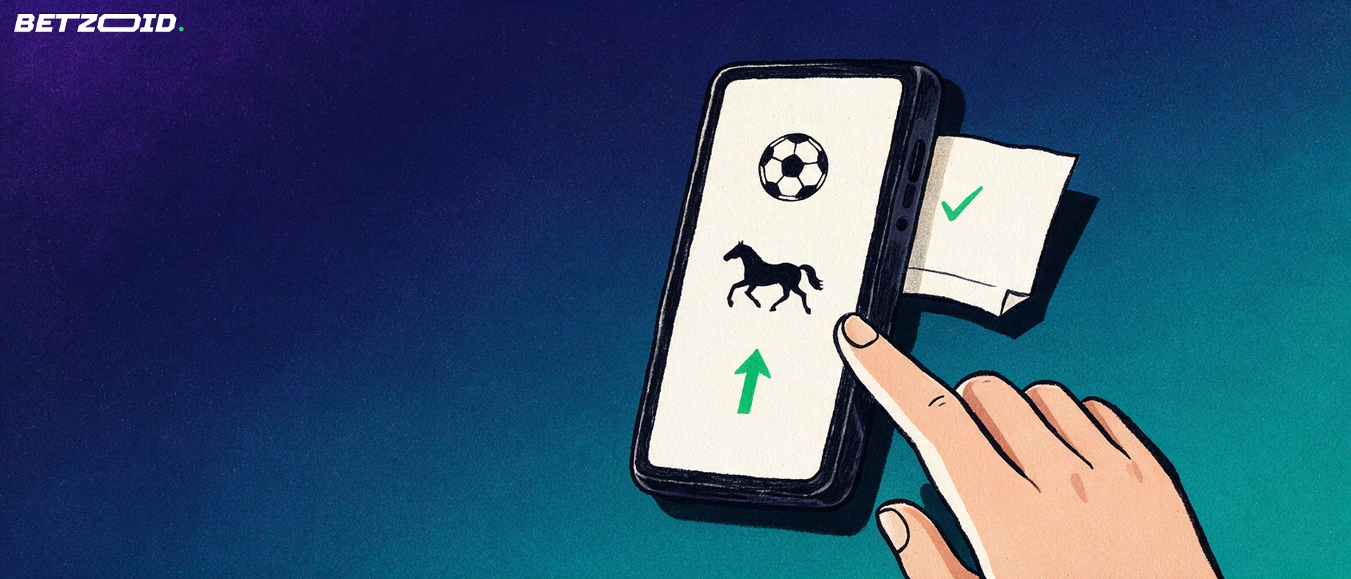 Illustration of a smartphone showing football and horse-racing symbols with an upward arrow, a hand tapping it and a paper bet slip behind.