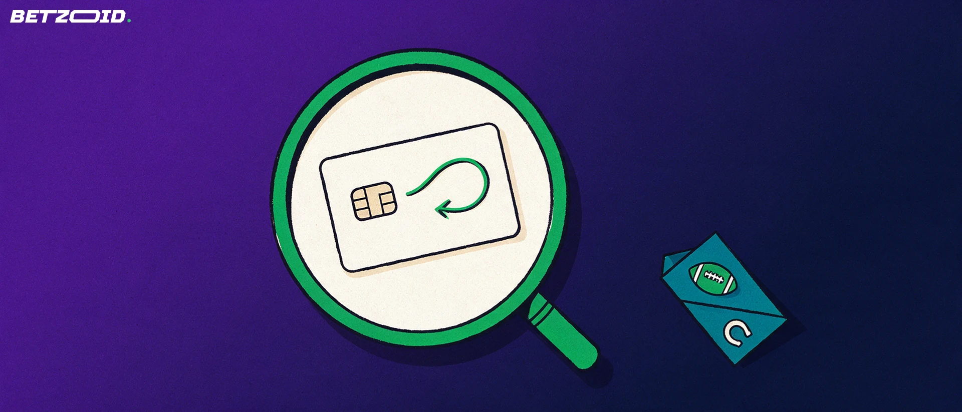 Illustration of a magnifying glass enlarging a plain payment card with a curved arrow, next to a folded betting ticket with sport symbols.