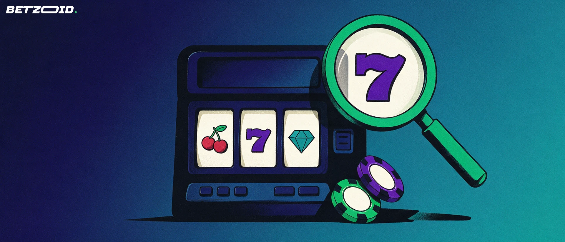 Illustration of a magnifying glass inspecting the reels of a slot machine beside two casino chips