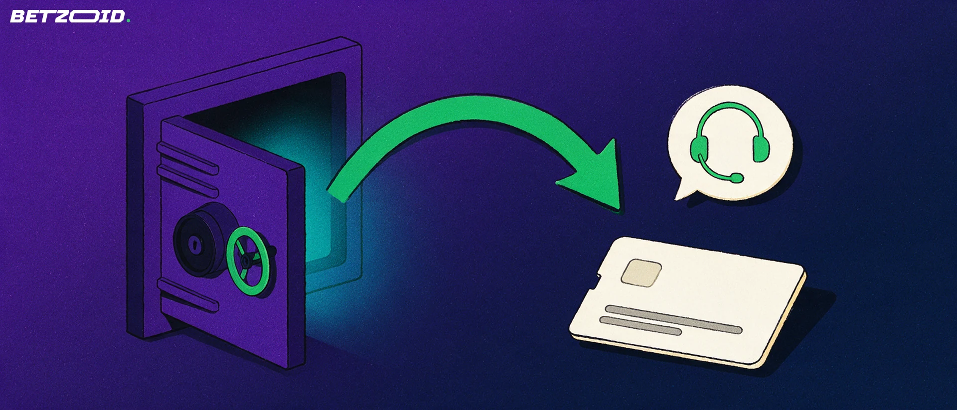 Illustration of an open vault door with an arrow leading to a plain bank card and a support headset in a speech bubble