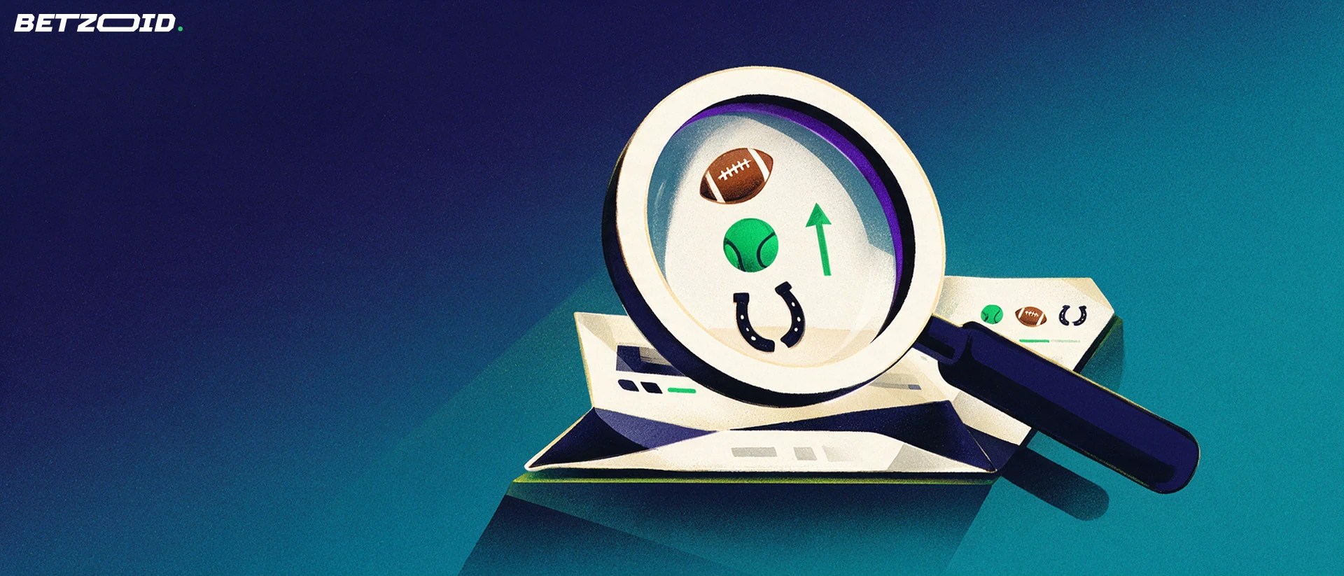 Illustration of a large magnifying glass examining a paper betting slip marked with football, tennis and horseshoe symbols