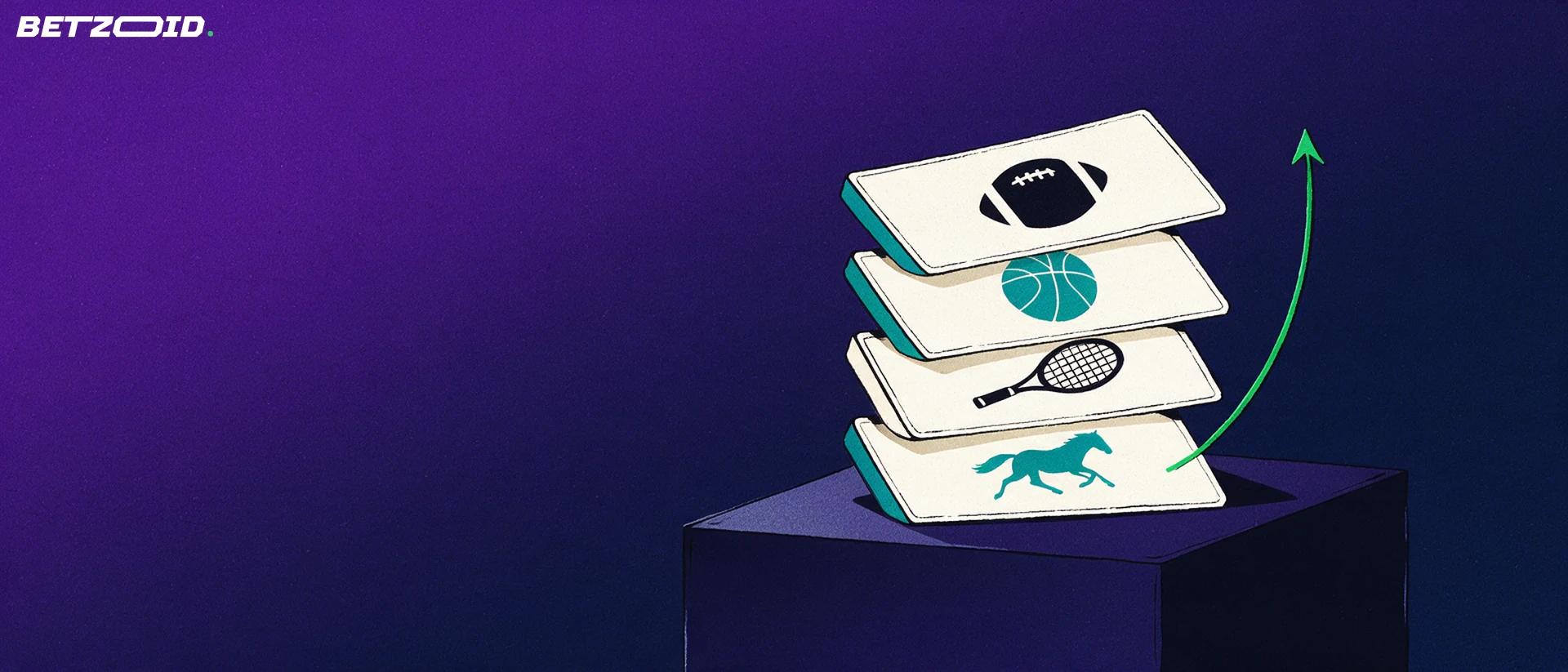 Illustration of a fanned stack of betting slip cards showing football, basketball, tennis and horse racing symbols with a rising green arrow