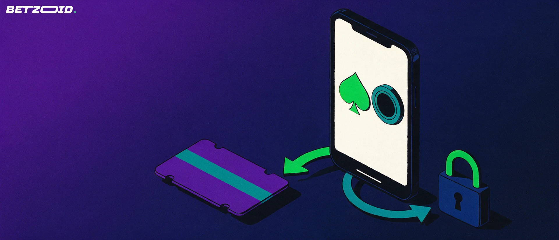 Illustration of a smartphone showing card and chip symbols, connected by curved arrows to a payment card shape and a padlock.