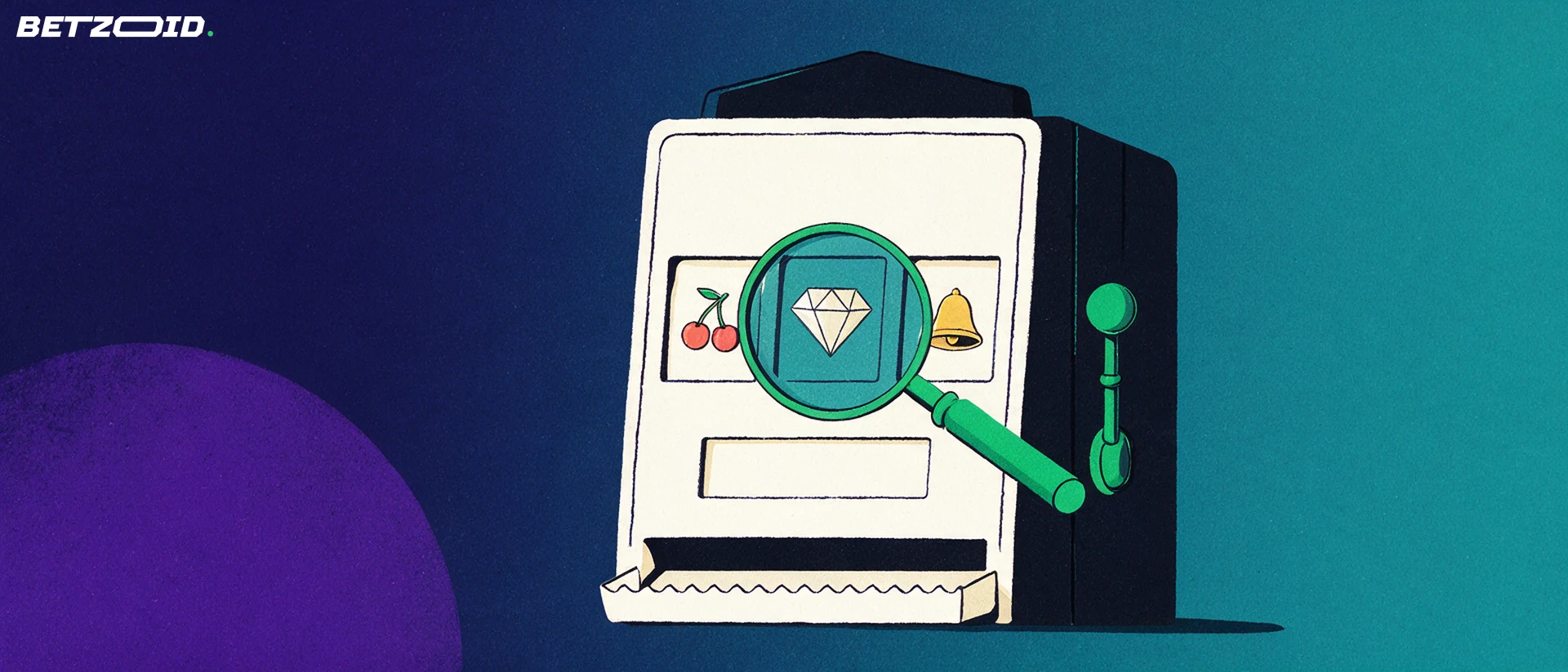 Illustration of a slot machine cabinet with fruit, bell and diamond reel symbols, examined through a large magnifying glass.