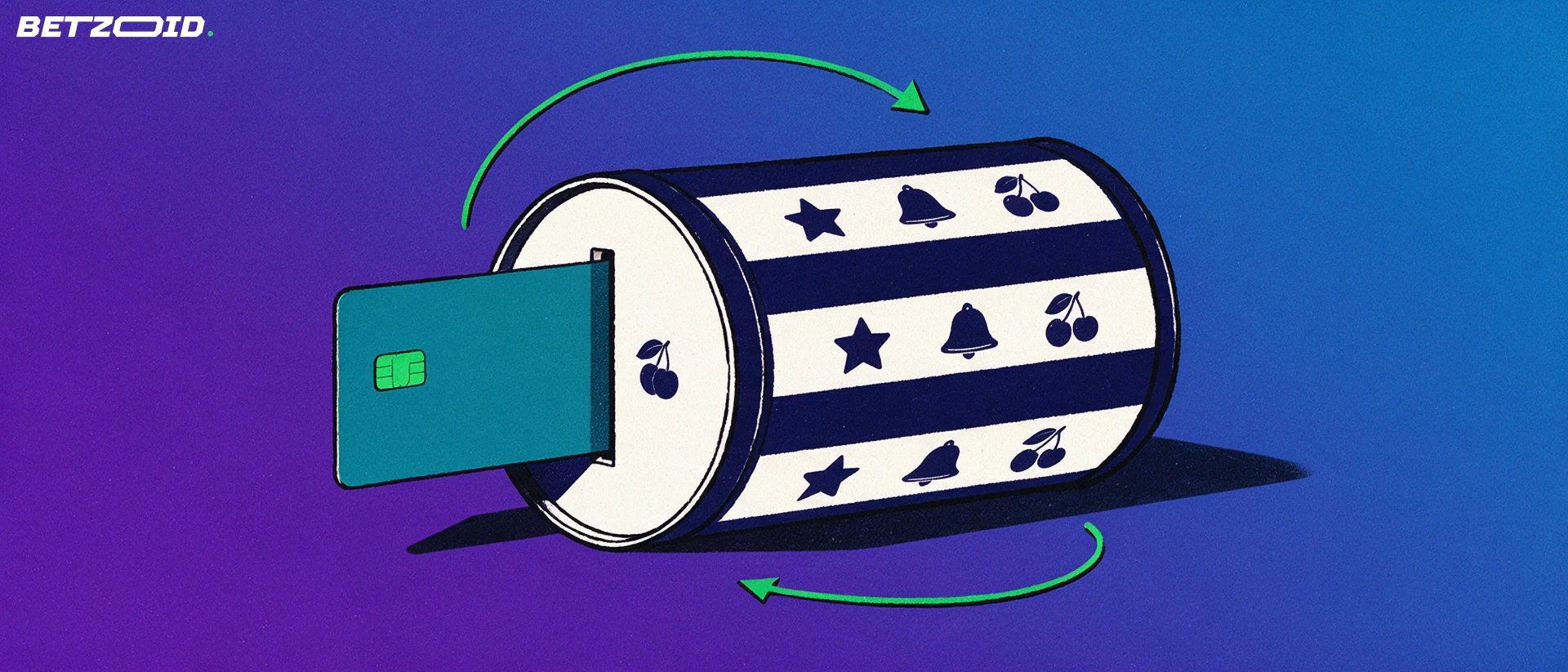 Illustration of a horizontal slot reel drum with game symbols and a blank bank card entering a slot, with looping arrows showing money going in and out.