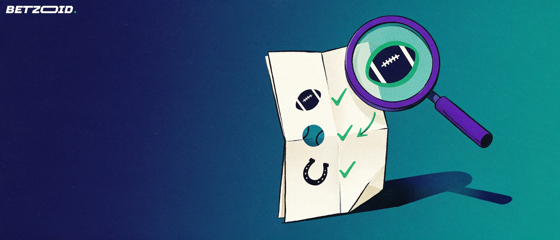 Illustration of a large magnifying glass examining a paper betting slip marked with football, tennis and horseshoe symbols.
