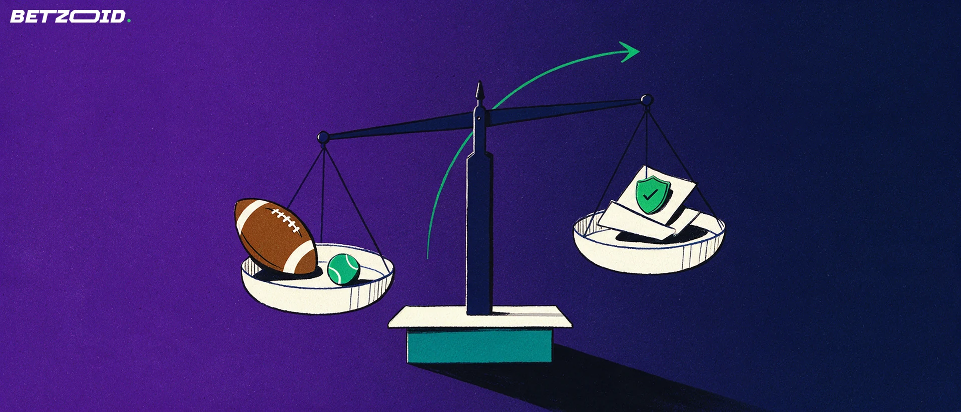 Illustration of a balance scale weighing a football and tennis ball against folded betting tickets and a shield with a tick.
