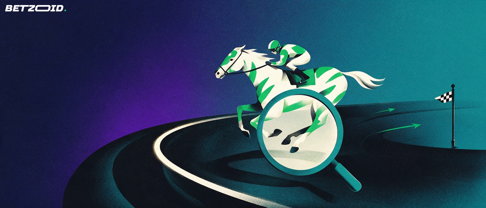 Illustration of a galloping racehorse and jockey on a curved track, examined through a large magnifying glass beside a chequered finish marker.