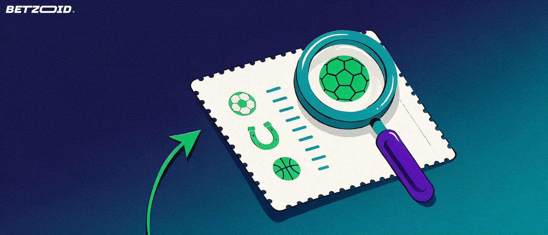 Illustration of a large paper betting slip marked with soccer, horseshoe and basketball symbols, examined through a magnifying glass.