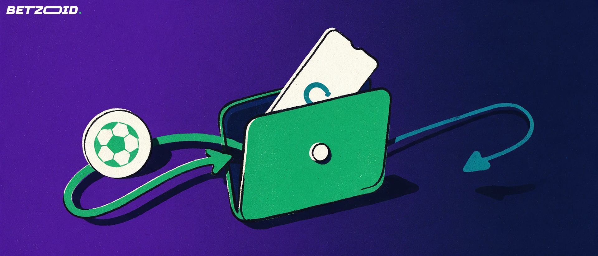 Illustration of a green wallet with a betting ticket emerging, one arrow carrying a token inward and another arrow looping outward.