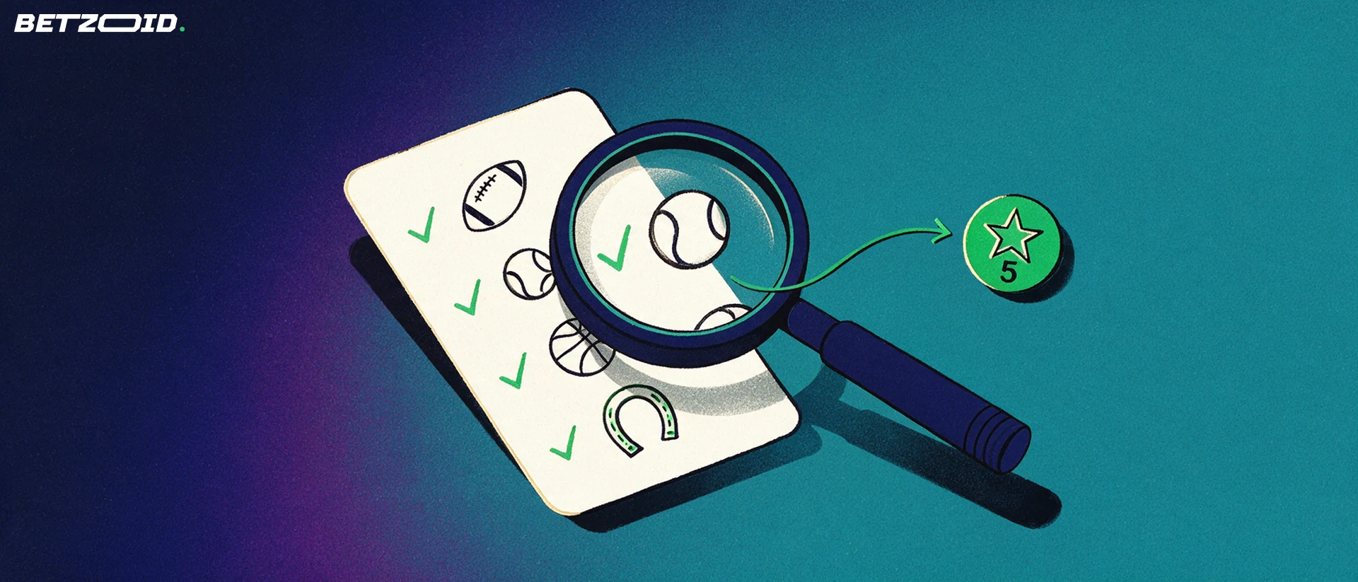 Illustration of a magnifying glass inspecting a betting slip marked with football, tennis, basketball and horseshoe symbols and green check marks.