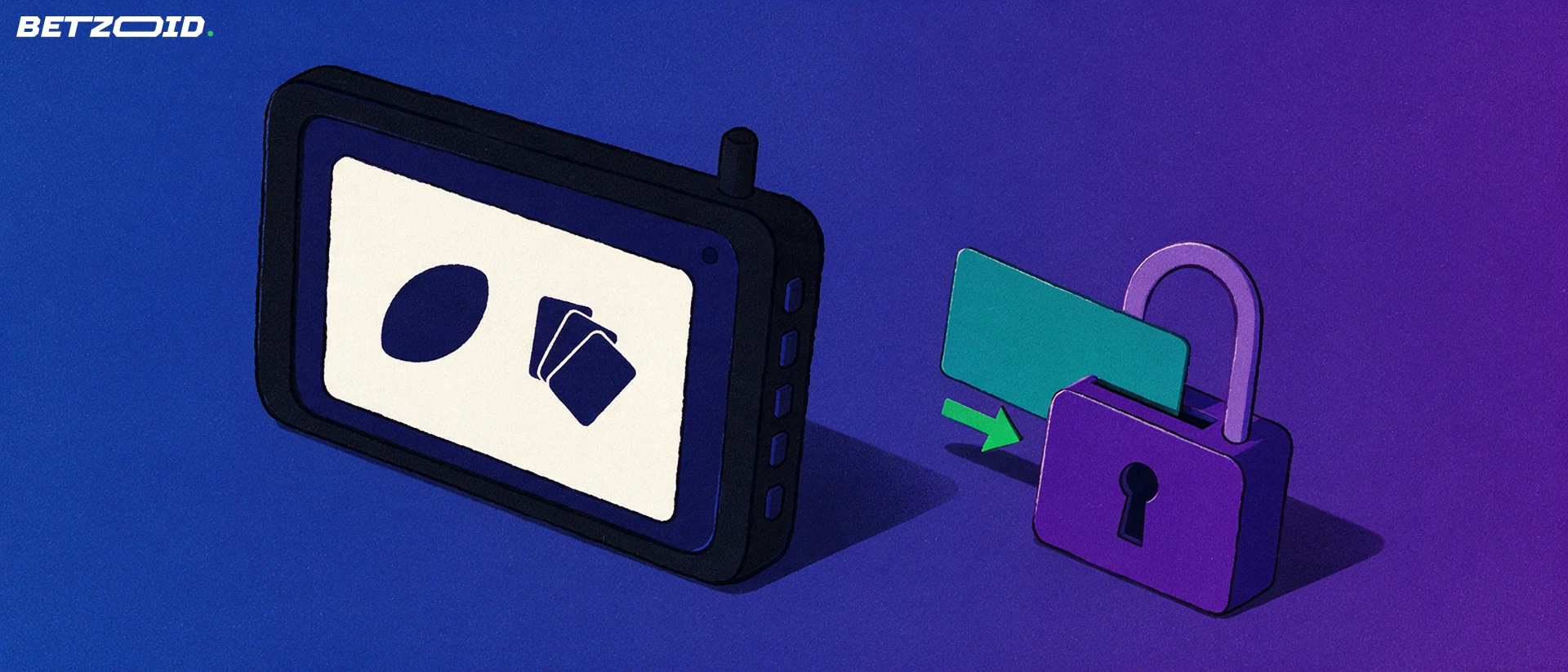 Illustration of an upright handheld device showing football and playing-card symbols next to a padlock coin slot receiving a bank card.