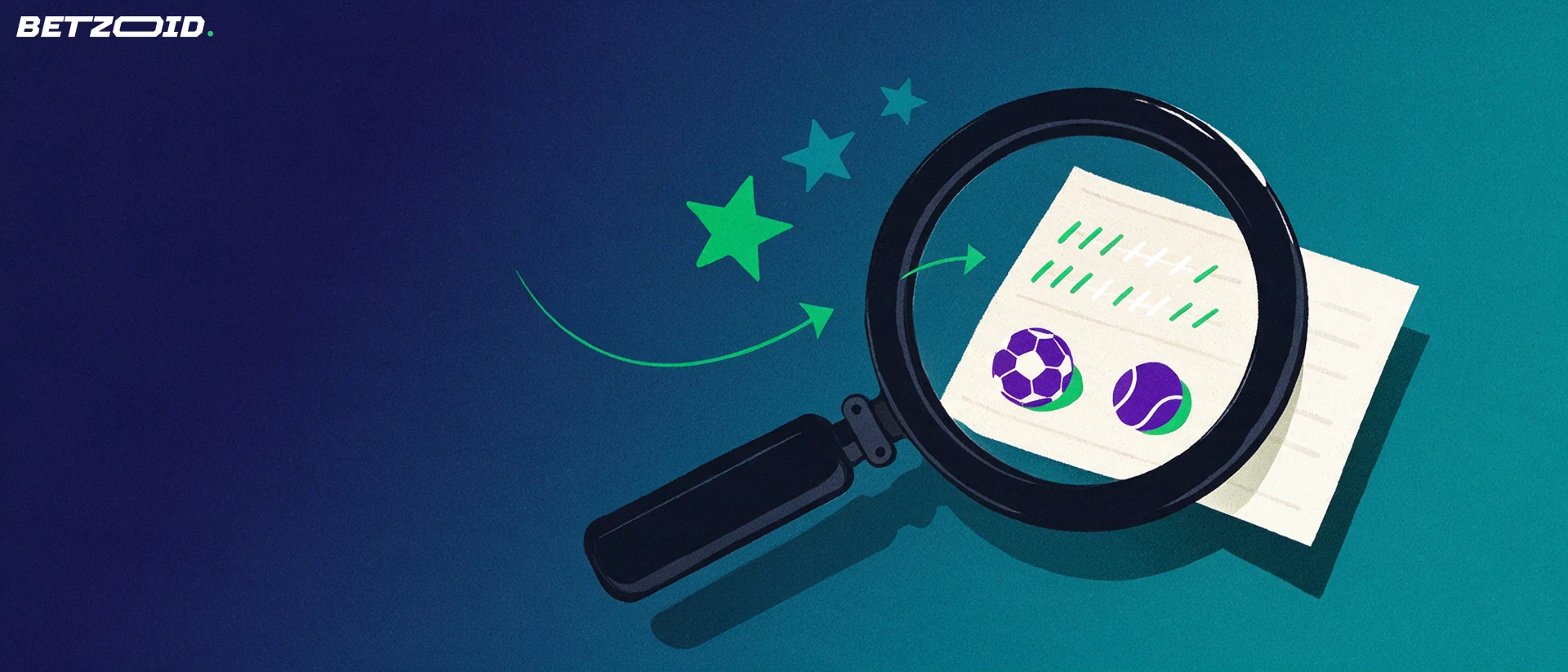 Illustration of a magnifying glass examining a paper betting slip with football and tennis symbols and three stars above it.
