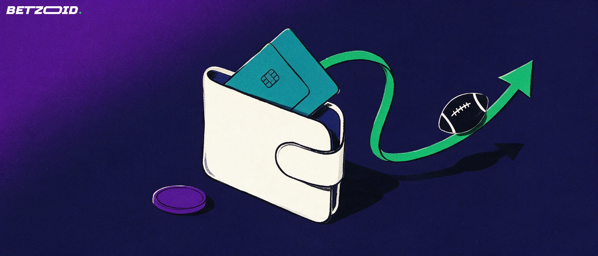 Illustration of a bank card sliding into a wallet with a green arrow curving upward carrying a football symbol.
