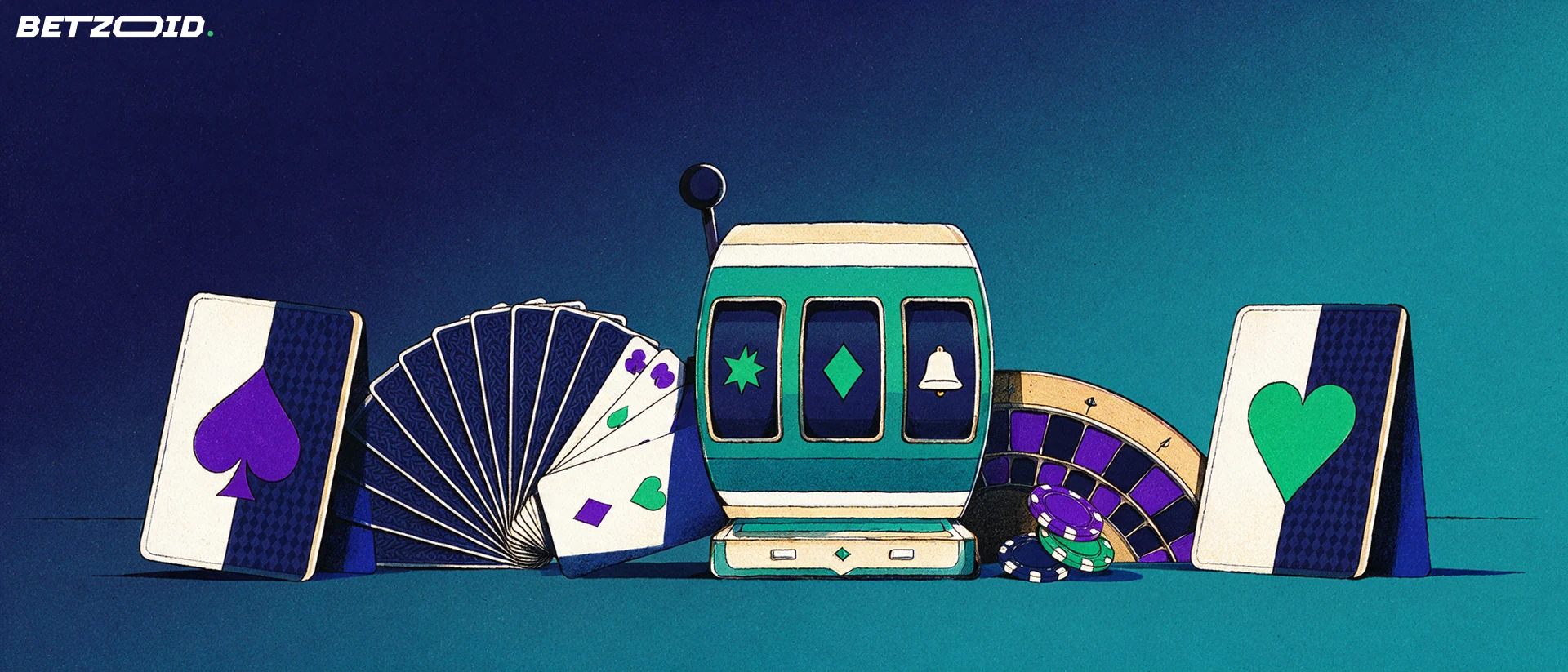 Illustration of a slot reel drum with simple game symbols beside a fan of playing cards and a roulette wheel edge.