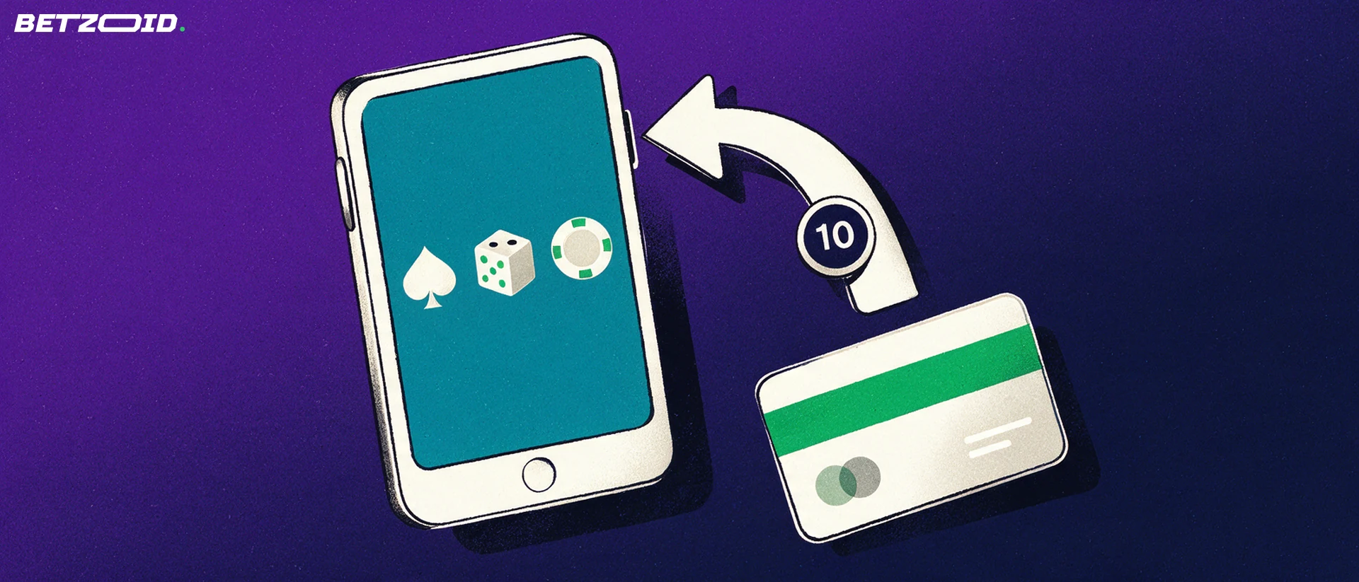 Illustration of a smartphone showing card, dice and chip icons with an arrow from a bank card into a deposit slot and a small badge reading 10.