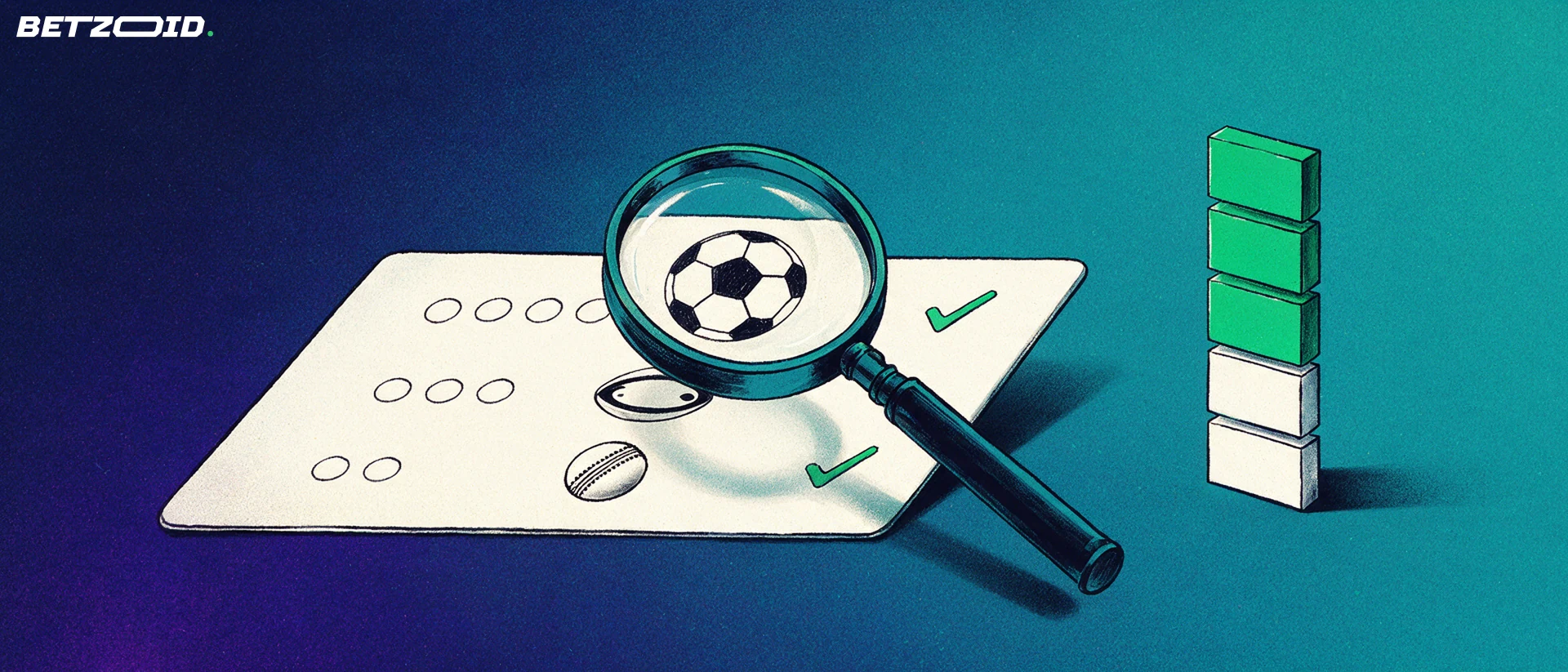 Illustration of a magnifying glass inspecting a betting slip marked with football, rugby and cricket symbols beside a segmented rating bar.