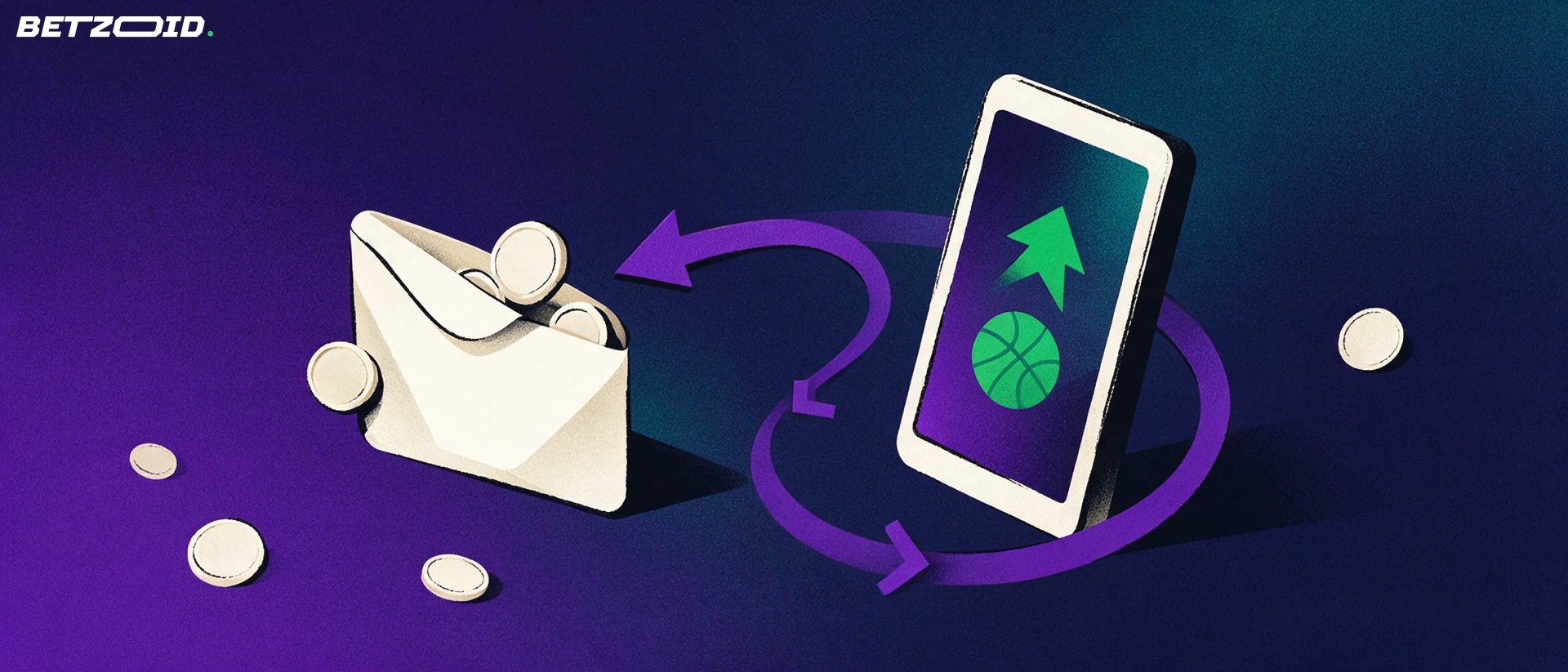 Illustration of a tilted mobile device with a sports symbol linked by a looping arrow to a folded wallet and a plain coin.