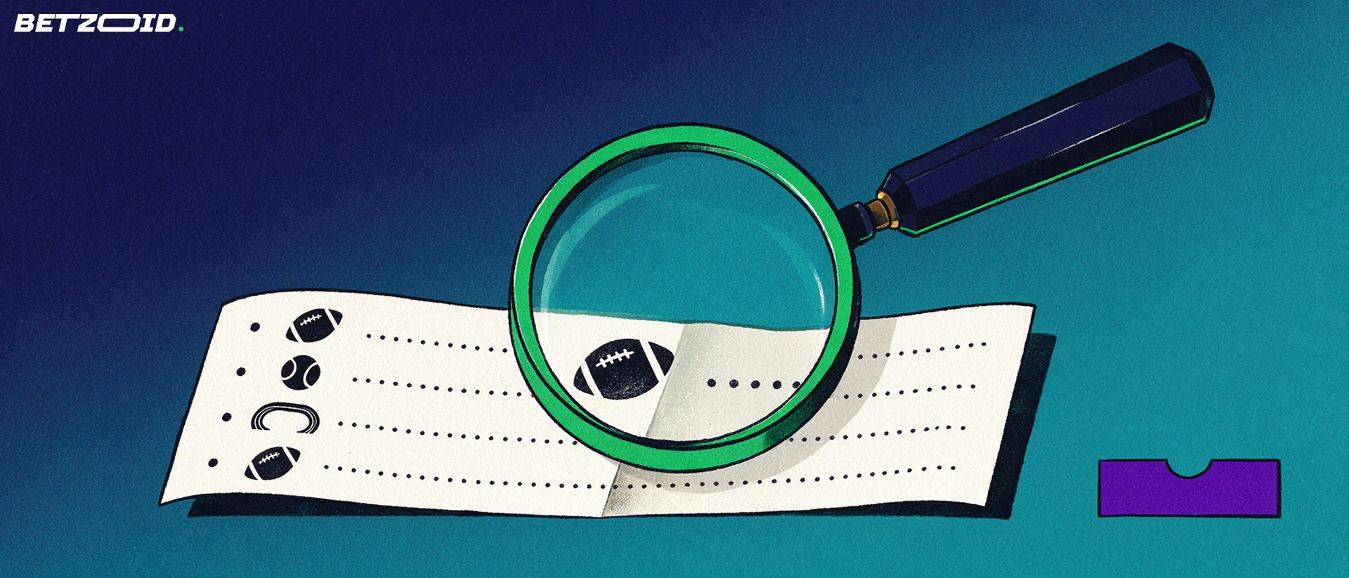 Illustration of a large magnifying glass enlarging rows of sport symbols on a paper betting slip.