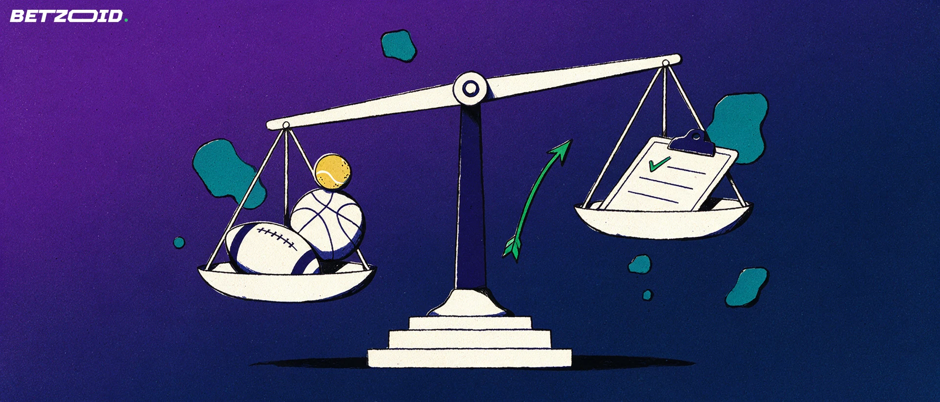 Illustration of a balance scale weighing stacked sport balls against a clipboard marked with a green tick.