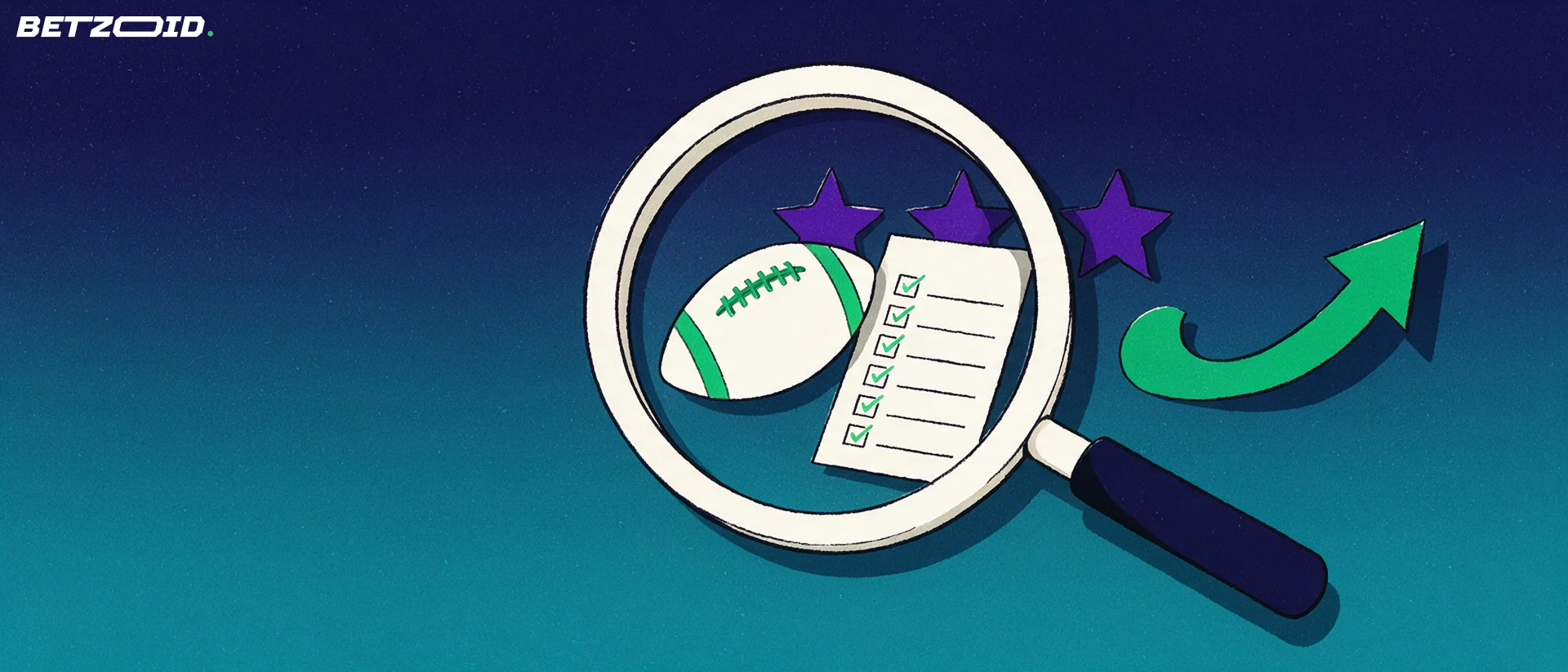 Illustration of a magnifying glass enlarging a football and a betting slip with tick marks and three rating stars.