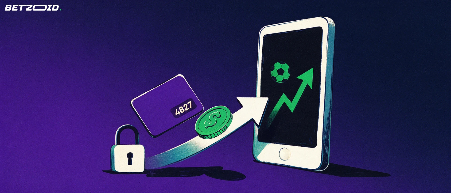 Illustration of a smartphone with football and arrow icons receiving a payment card and coin along an arrow, with a padlock symbol.