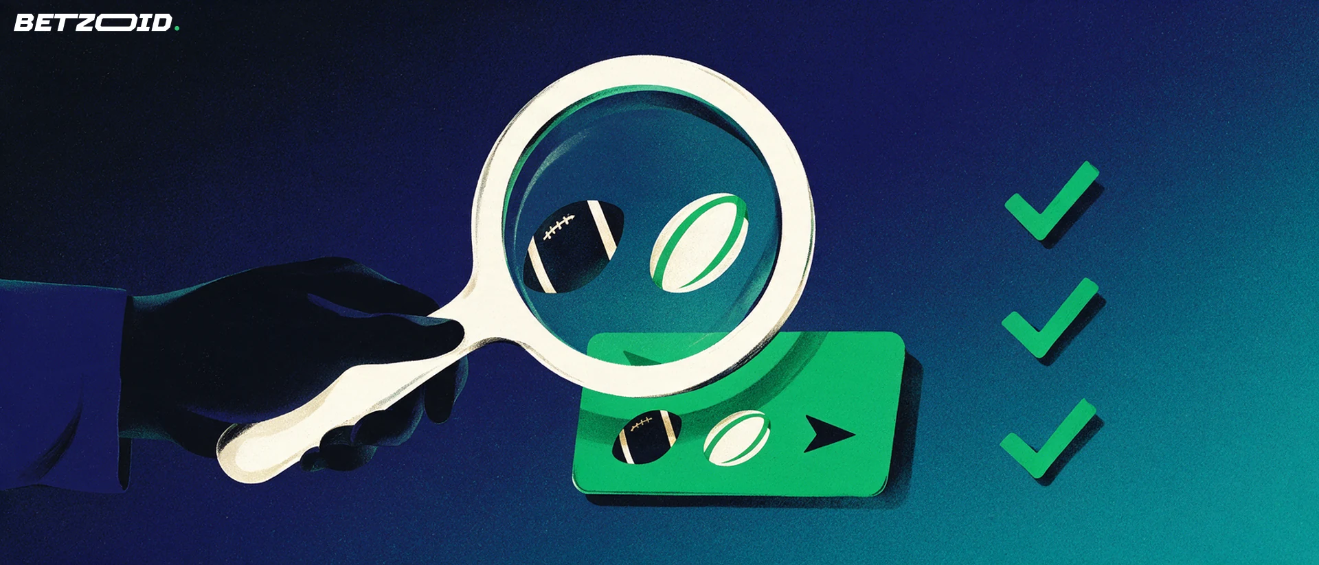 Illustration of a magnifying glass examining a betting slip marked with football and rugby ball icons beside checkmarks.