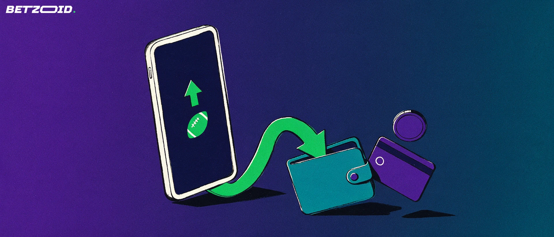 Illustration of a smartphone showing a football icon with an arrow curving into a wallet beside a card and coin.