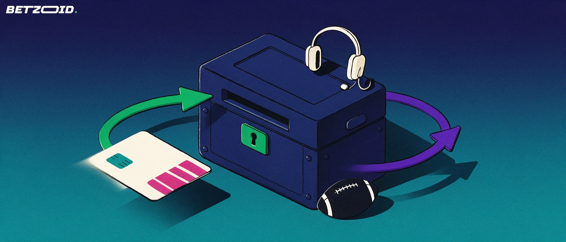 Illustration of a payment card entering a strongbox slot with two curved arrows forming a deposit and withdrawal loop beside a football and a headset