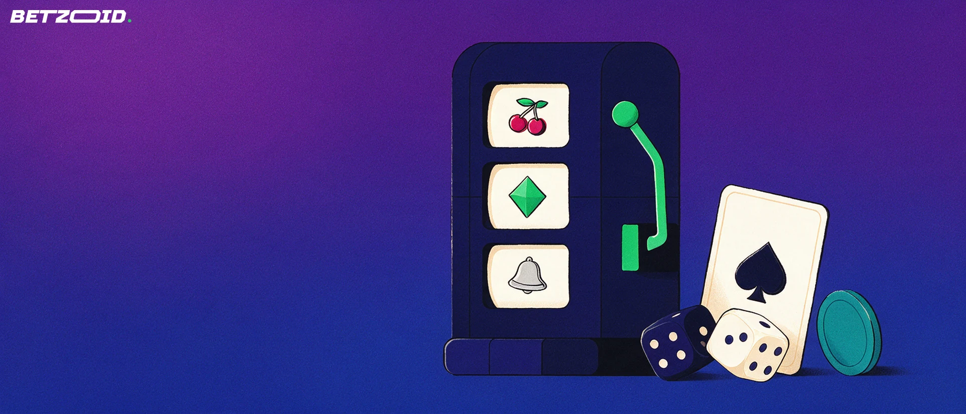 Illustration of a slot machine reel unit with fruit, diamond and bell symbols beside a playing card, dice and a casino chip.