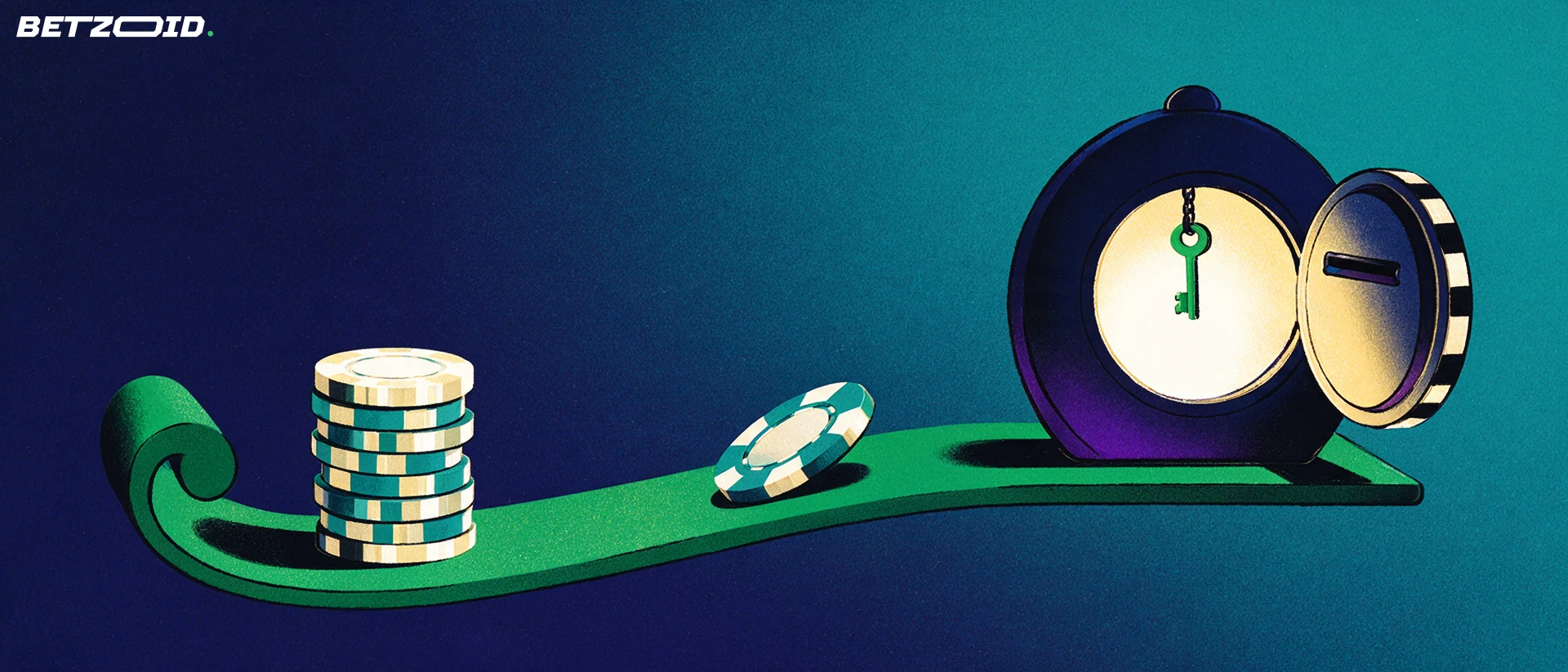 Illustration of casino chips rolling along a green arrow ramp into an open strongbox with a key beside its door.