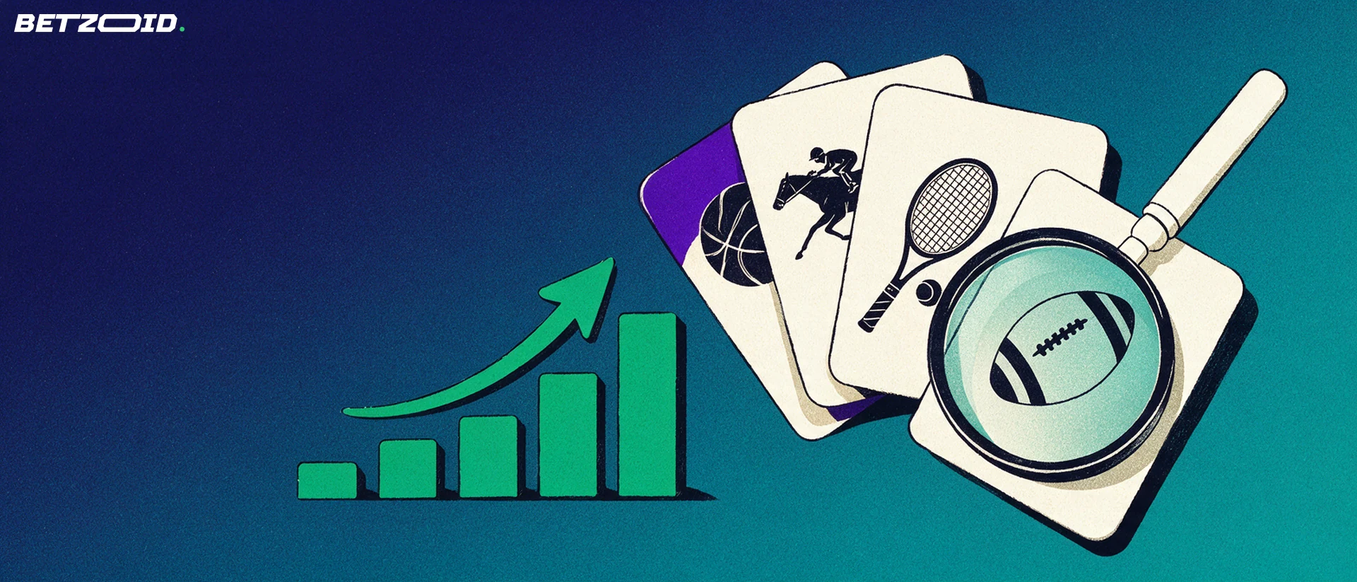 Illustration of a fan of betting market cards with football, tennis, horse racing and basketball symbols, inspected through a large magnifying glass beside rising bars and an arrow.